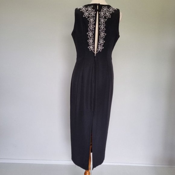 Marshal Gerald Ashley Black Floral Emroidered Midi Dress Vintage 90s Size 12 - Picture 5 of 8